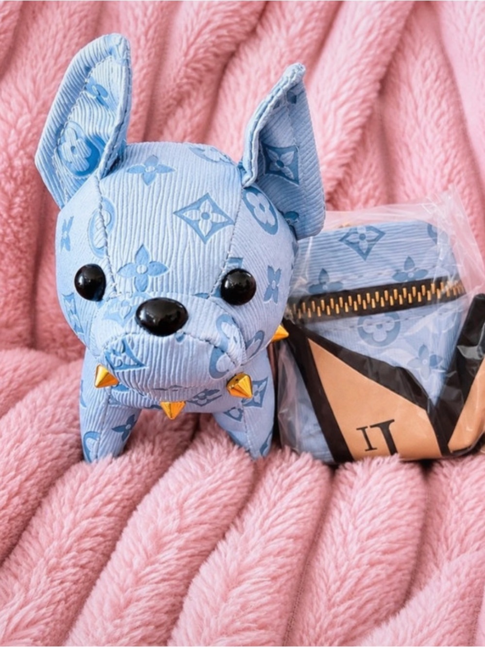 Designer-Inspired Epi Blue Monogram Plush Dog Keychain and Air pod/coin Pouch